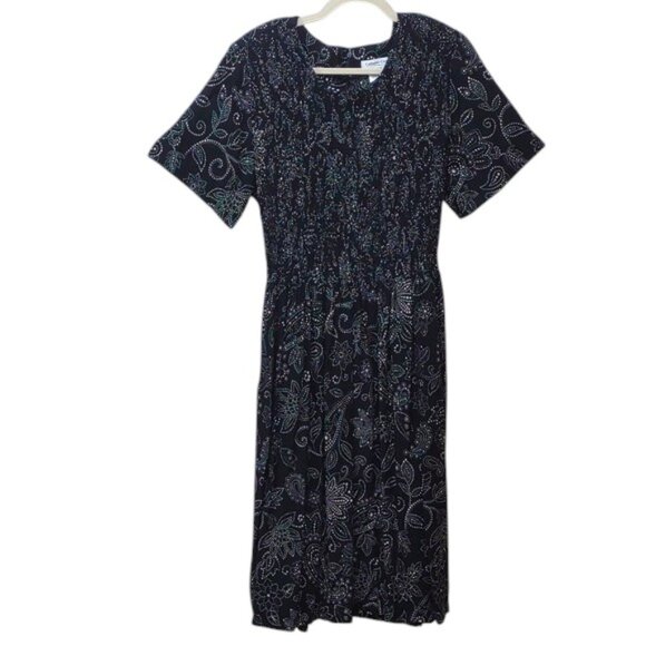 Coldwater Creek Vintage Paisley Black White Tie Back SS Maxi Modest Dress - Picture 1 of 10